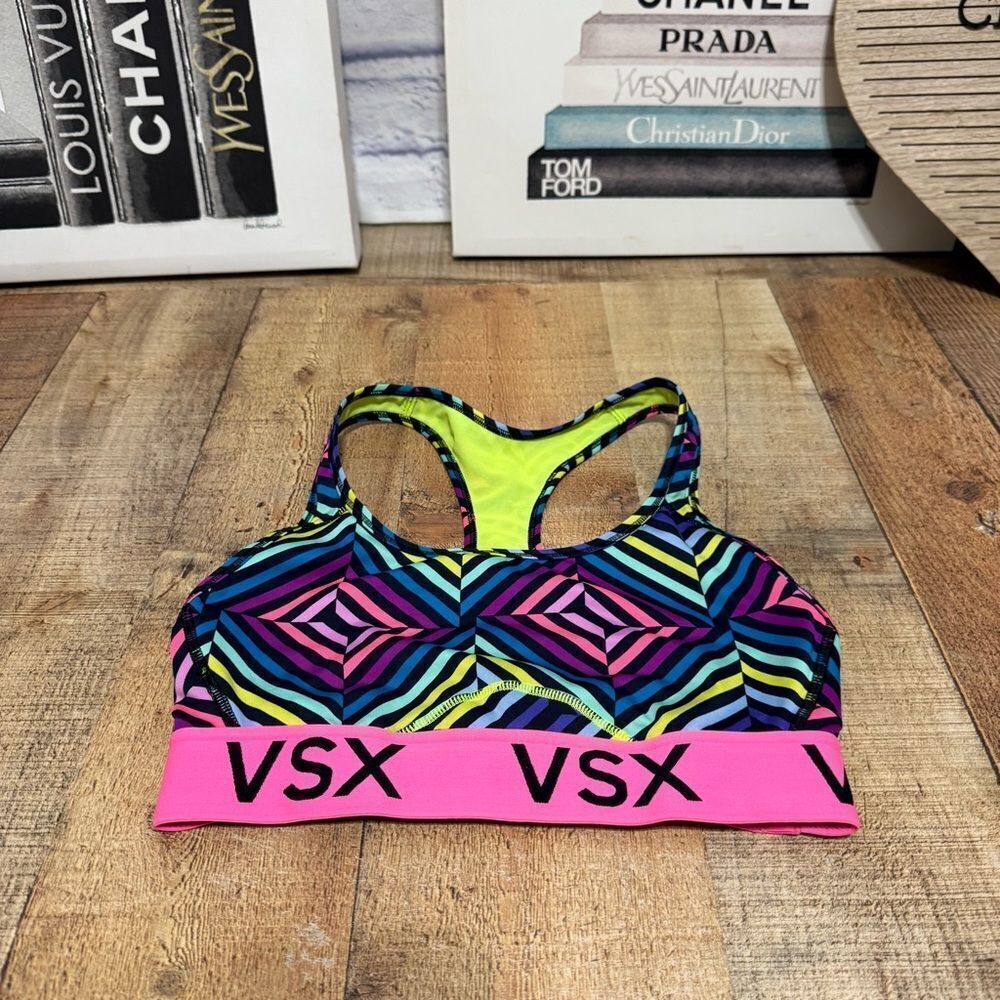 Victorias Secret VSX Neon Pink Multicolor Racerback Sports Bra Womens Size Small